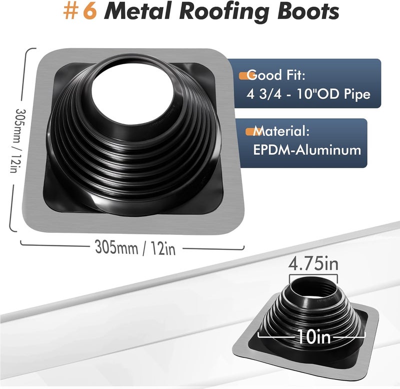 ACNOYEL #6 غطاء تهوية سقف معدني EPDM، أحذية سقف مرنة تناسب أنبوب OD 4 3/4'' إلى 10''، دعامات سقف معدنية مع وميض للمنازل تشمل براغي السقف وHex، أسود/ 1 قطعة - Image 2